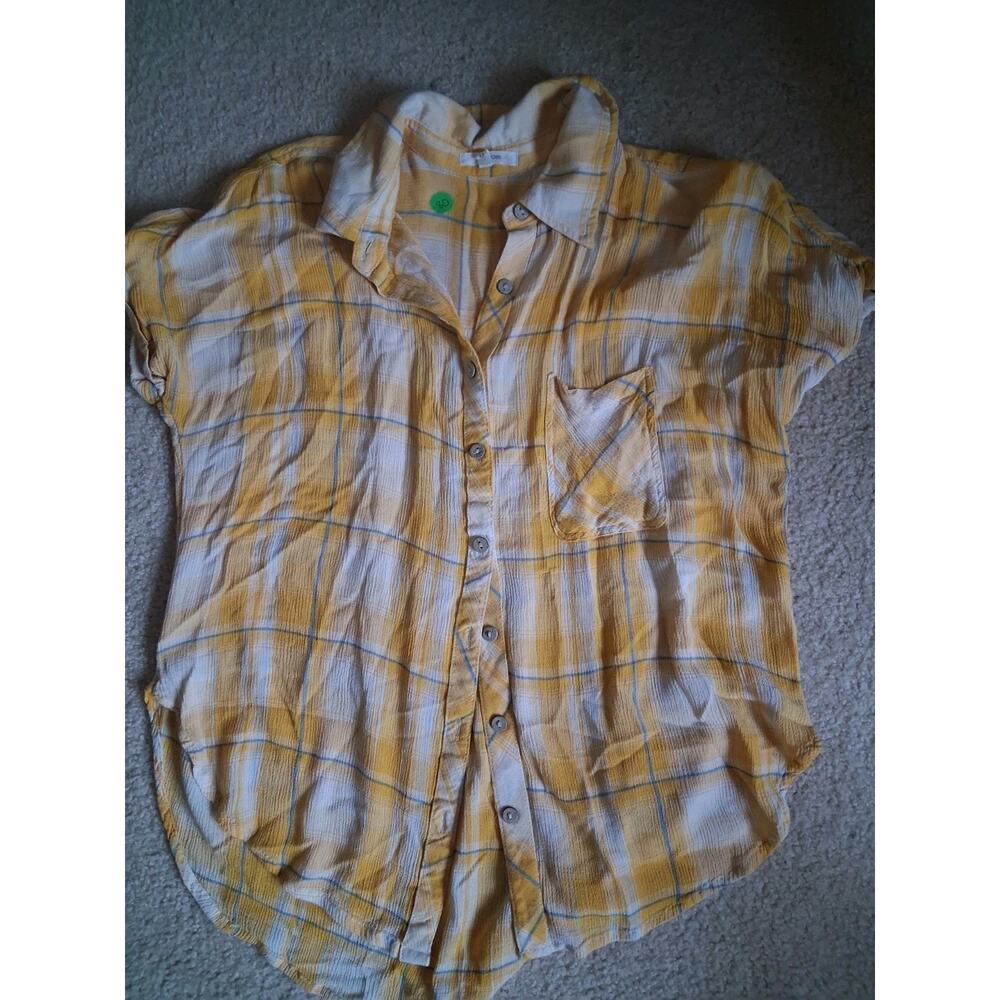 maurices Yellow Blue Plaid Short Sleeve Collared Button-Up Blouse M Cotton